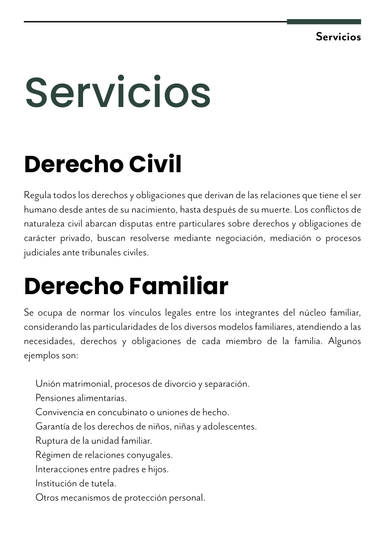 Página del catálogo con la descripción de las áreas de práctica